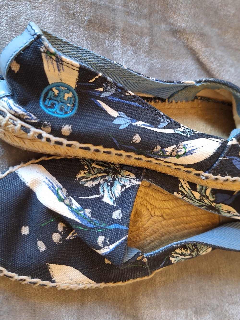 Tory Burch Navy Canvas Floral Espadrilles with Teal Logo
